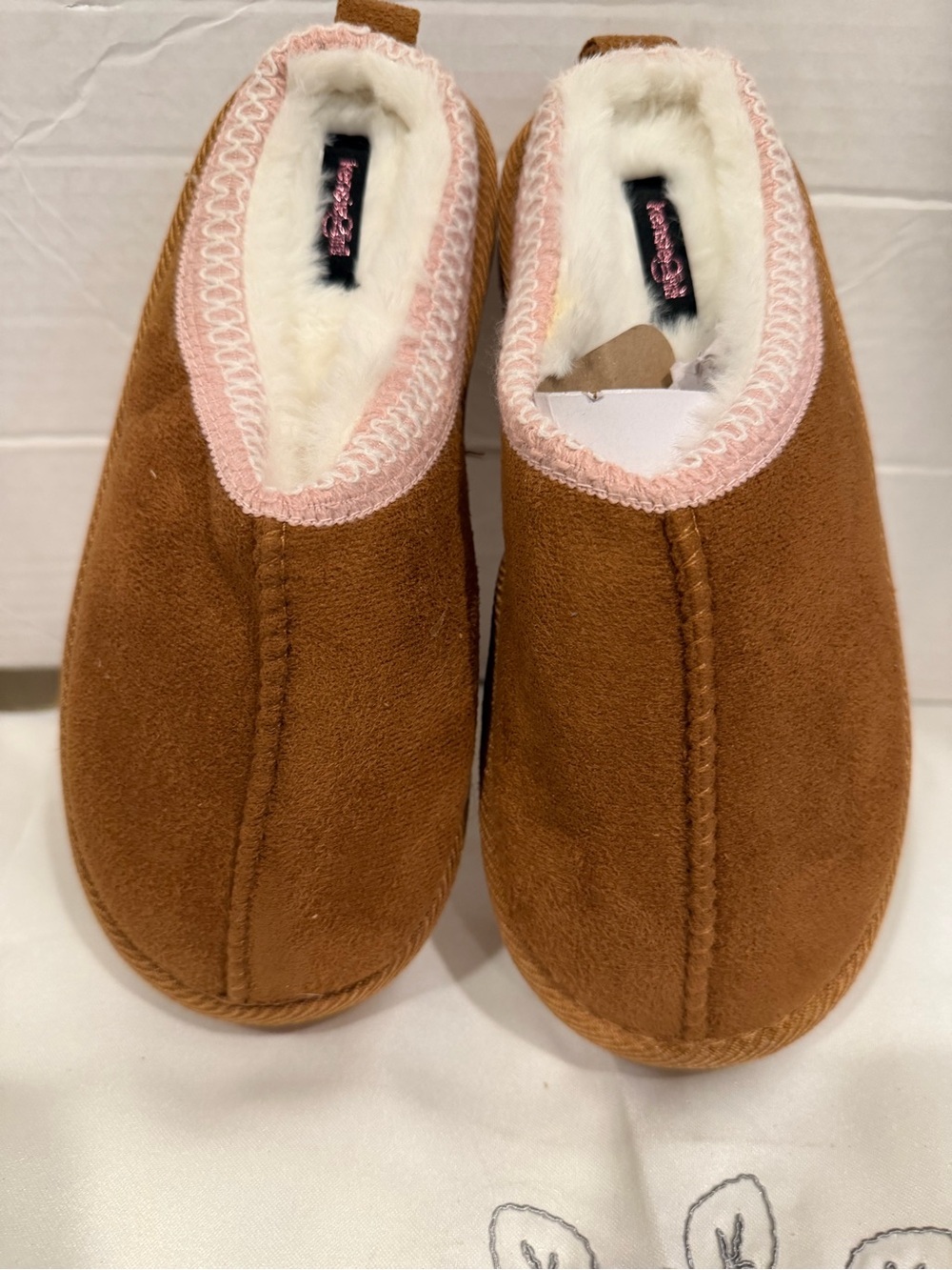 Kensie Girl Brown Slip-On Faux-Suede Slippers with Pink Trim